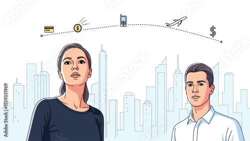 Business travel and financial transactions illustration with people and city background