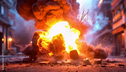 Fiery Explosion Amidst Urban Ruins