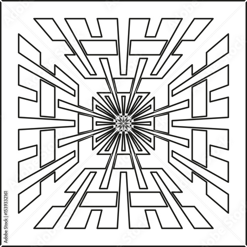 Vector maze symbol. Geometric square shape. White background icon. Optical depth pattern.
