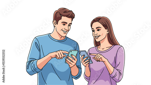 Young couple using smartphones, illustration of technology, communication and digital world