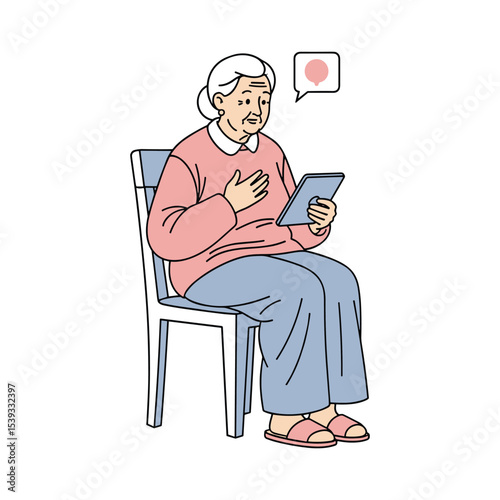 Elderly woman using a tablet sitting on a chair, illustration of technology and communication