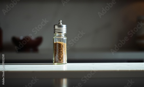 A spice shaker perched atop a pristine white stone surface its metallic gleam catching the light and adding a touch of culinary artistry