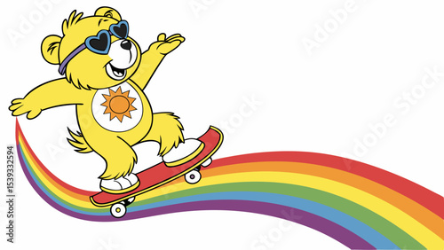 Vector care bear sunshine skateboarding on rainbow a fun cartoon illustration for kids and nostalgic fans