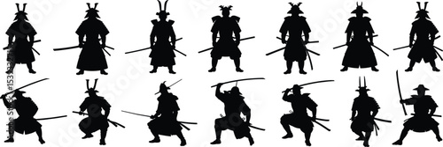  Traditional Japanese Samurai Warrior Silhouettes in Dynamic Poses, Featuring Katana Swords for Martial Arts and History Designs