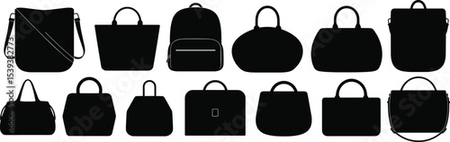Diverse Handbag and Purse Silhouettes Collection, Featuring Various Styles for Fashion, Shopping, and Accessory Designs