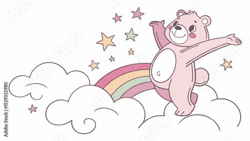 Vector cute cartoon bear on rainbow with stars and clouds illustration for kids nursery decor and baby shower theme