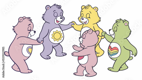 Vector care bears group illustration, cute cartoon animals, colorful bears holding hands, care bears artwork