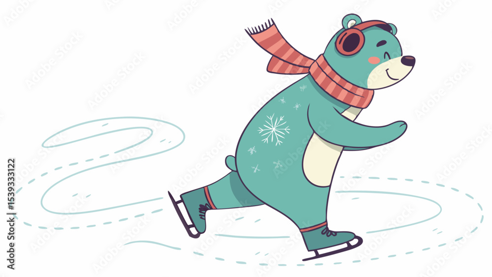 Obraz premium Vector cute cartoon bear ice skating winter sport illustration for kids and families holiday season fun activity