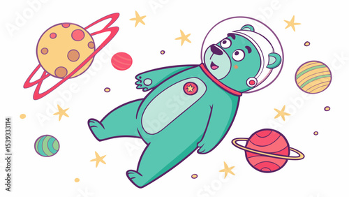 Vector cute bear astronaut floating in space with planets and stars vector illustration design for kids theme 100