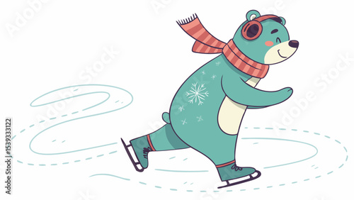 Vector cute cartoon bear ice skating winter sport illustration for kids and families holiday season fun activity