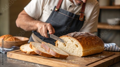 Man slicing freshly baked bread on a wooden cutting board indoors