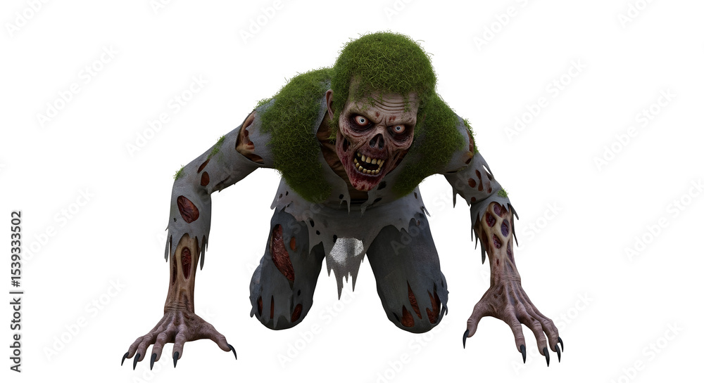 Fototapeta premium Grisly Zombie Creature Crawling Forward on Its Hands and Knees with Decaying Flesh Against Transparent Background