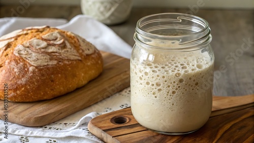 Sourdough bread and starter in a jar on a wooden cutting board