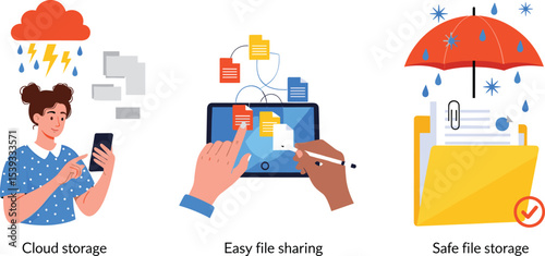 Illustration of mobile data synchronization, cloud storage access, and fast app updates using smartphones and cloud computing technology.
