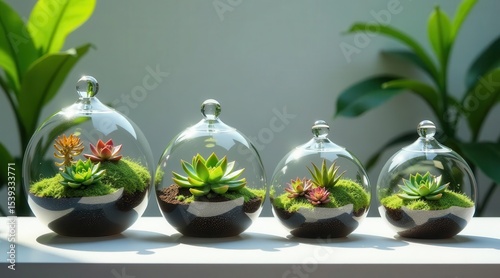 Miniature succulent gardens in elegant glass domes, a charming home decor arrangement featuring vibrant green plants and earthy tones