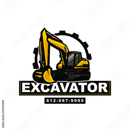 Excavator with Gear Logo Design  for Construction Company and Heavy Equipment