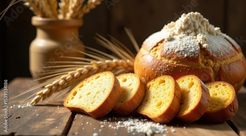 Golden-crusted loaf and sliced bread presented on rustic wooden surface with wheat stalks