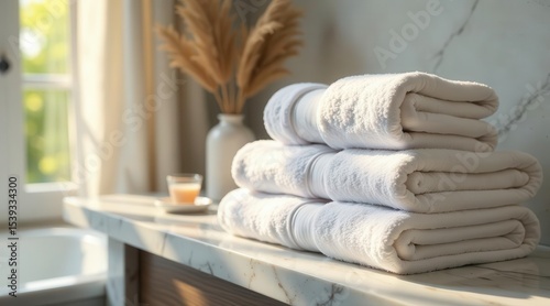 Stack of Fresh White Bath Towels on Marble Surface in Sunlit Bathroom