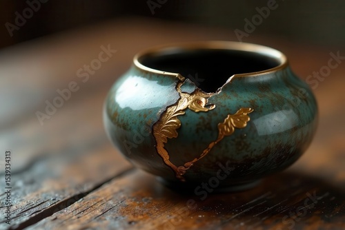A teal ceramic bowl with gold accents, delicately fractured, rests on a rustic wooden surface.  Its antique-like patina and gilded crack repairs suggest a history of both beauty and resilience.