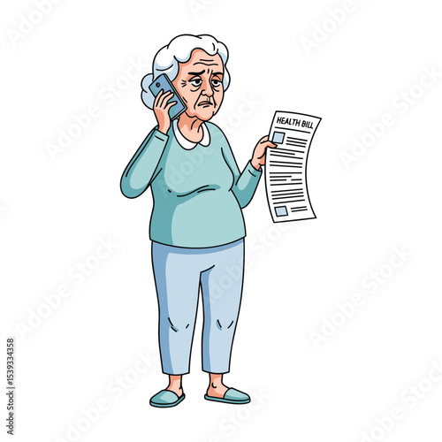 Worried Senior Woman Talking on Phone and Holding Health Bill Illustration