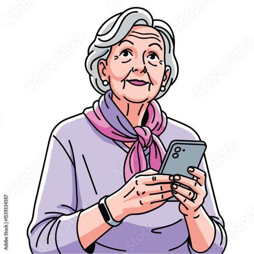 Illustration of an elderly woman using a smartphone, modern technology and connection