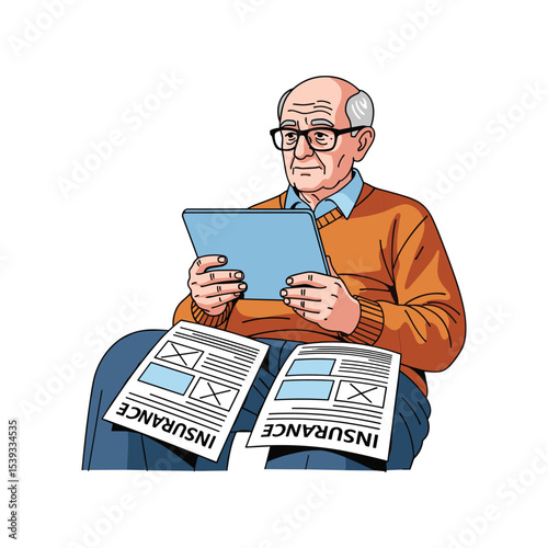 Elderly Man Reviews Insurance Documents and Tablet, Financial Planning Concept for Seniors