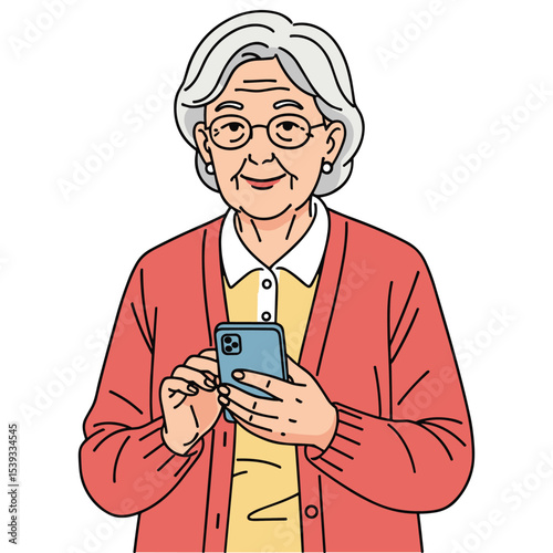 Senior Woman Using Smartphone Vector Illustration, Technology for Elderly People, Modern Tech