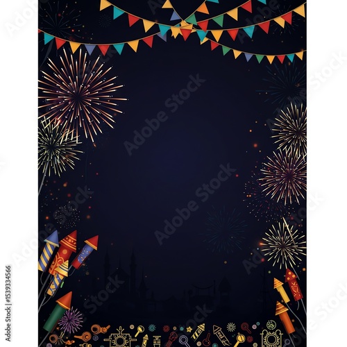 Festive fireworks celebration background with party flags