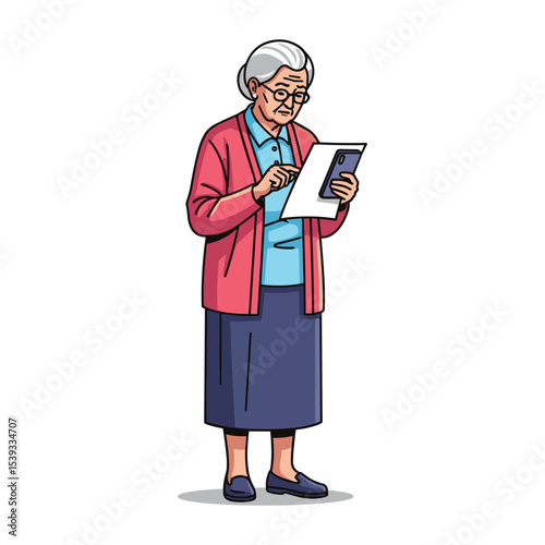 Senior woman reading a tablet, elderly lady using technology, vector illustration