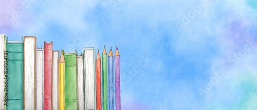 Colorful books and pencils arranged in a row.