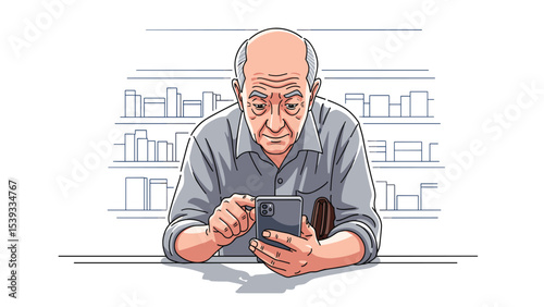 Senior man using smartphone illustration, technology, communication, modern lifestyle concept