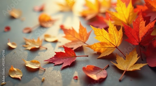 Autumnal foliage, vibrant hues scattered on a smooth surface, bathed in warm sunlight, showcasing nature's seasonal transition.