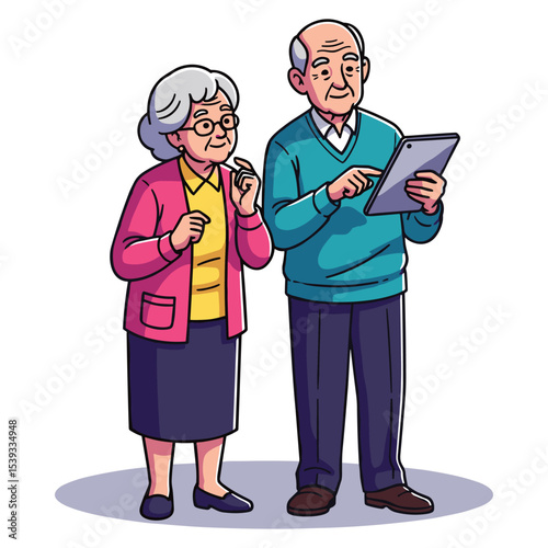 Elderly Couple Using Tablet Cartoon Illustration - Technology, Seniors, Digital Devices
