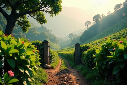 Serene Pathway Through Lush Green Hills at Dawn, Leading to a Tranquil Valley Beyond Wooden Gates