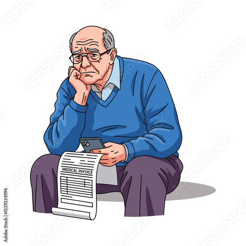 Worried Elderly Man Reviewing a Medical Invoice on his Phone, Cartoon Illustration