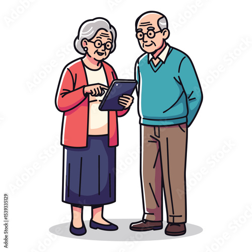 Elderly Couple Using a Tablet Illustration: Digital Literacy, Seniors, Technology, and Connection