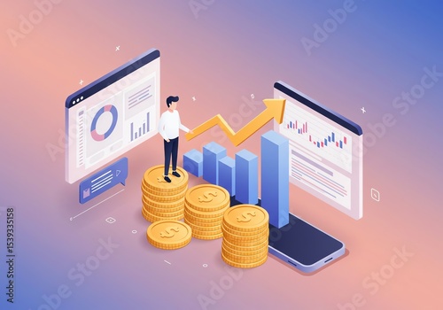 Financial growth illustration with charts and person