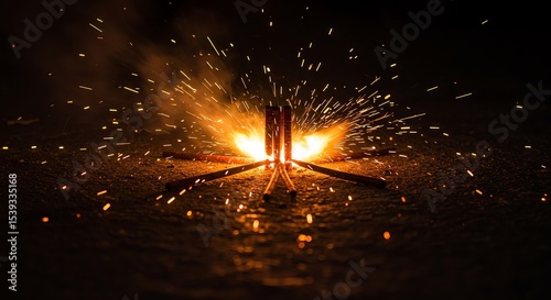 Firework exploding with sparks on dark surface