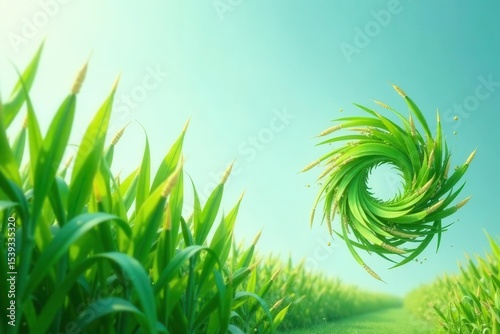 A Vibrant Green Field with a Whirlwind of Lush Vegetation Forming a Circular Shape Against a Serene Sky