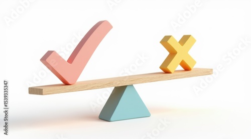 A wooden seesaw balancing a large pink checkmark on one side and a yellow cross on the other against a white background.