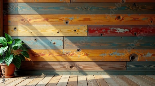 Sunlit Room with Distressed Multicolored Wood Wall and Potted Plant