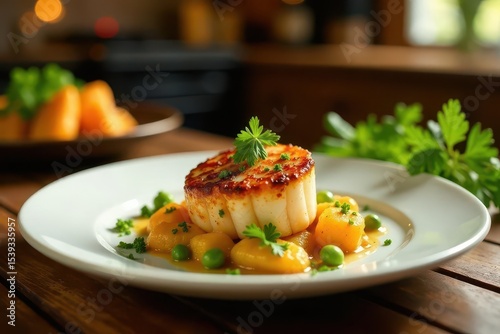 Gourmet Pan-Seared Scallop Dish with Sweet Potato Puree and Garden Peas on a White Plate