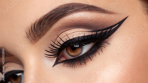 Close up of a woman's eye with dramatic eyeliner and eyeshadow