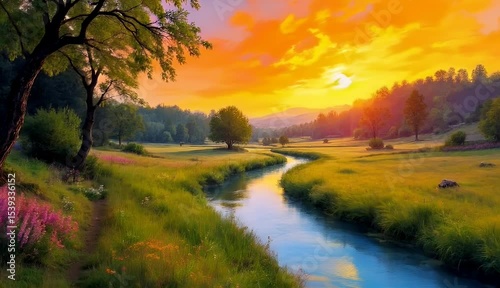 Serene Sunset over a River Valley