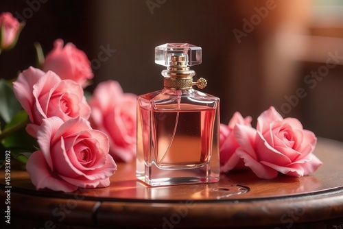 A delicate perfume bottle rests amidst a cluster of soft pink roses, exuding elegance and a floral fragrance.