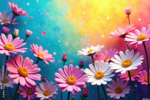 Vibrant pink and white daisies blooming in a magical, colorful garden setting, a cheerful and delightful floral scene, perfect for springtime or summer themes.