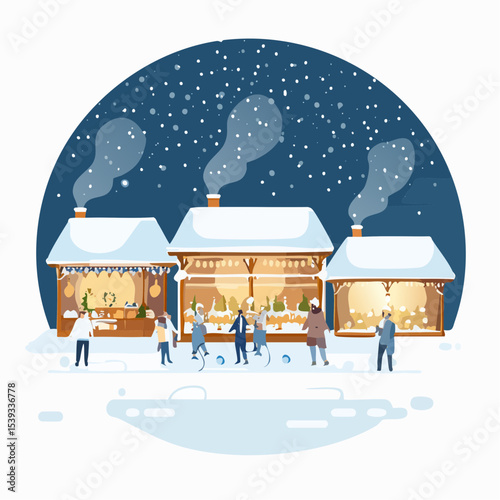 Flat design vector of a Christmas market at night, with snow falling, glowing stalls, and people drinking hot cocoa