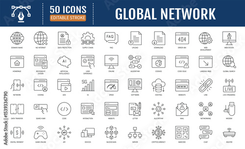 Global Network line icon set. Editable stroke. Vector Illustration 