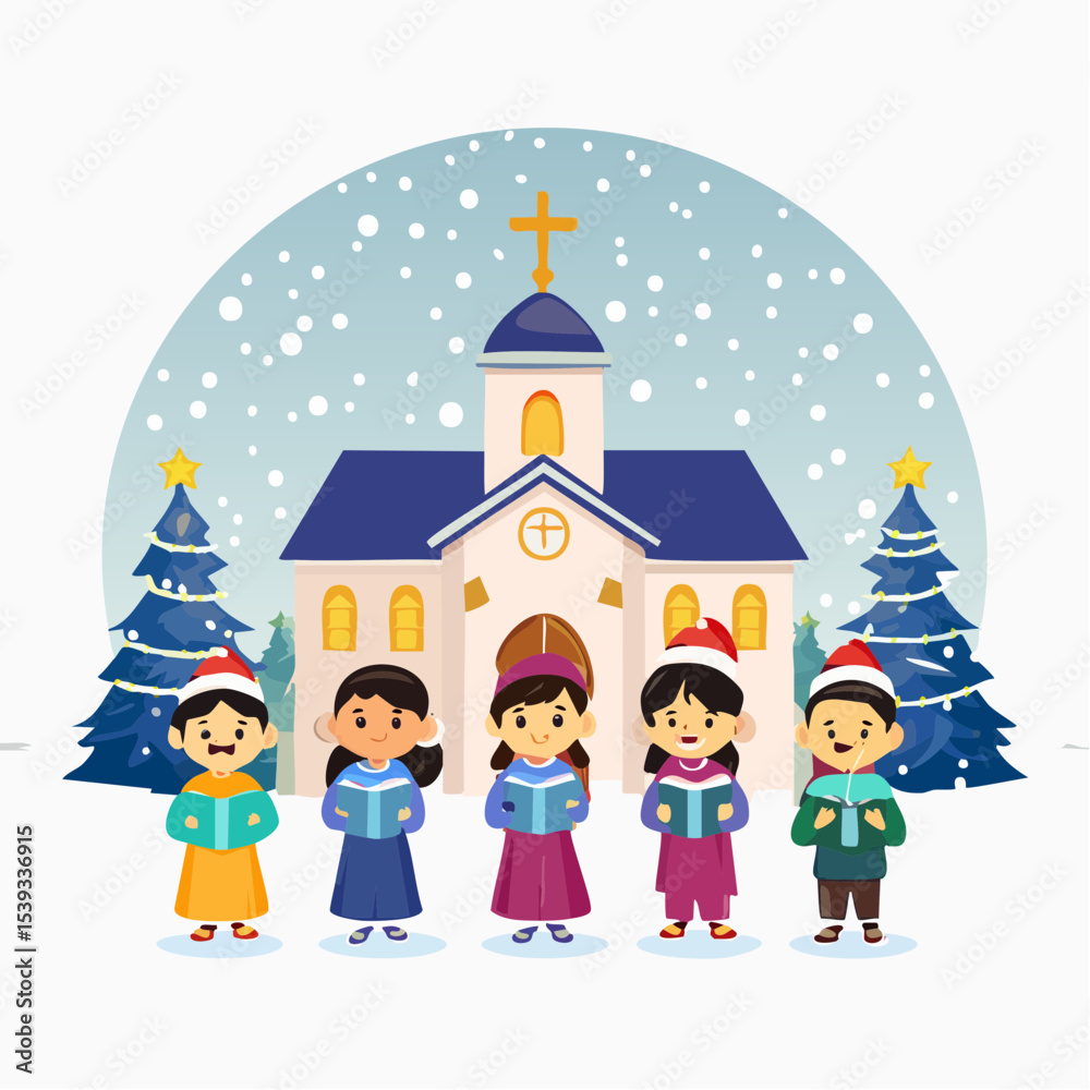 Fototapeta premium Flat vector of children singing Christmas carols in front of a church with a cross lit up on top, snow gently falling