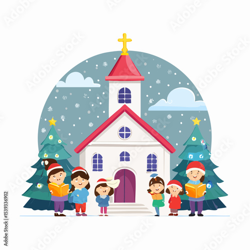 Flat vector of children singing Christmas carols in front of a church with a cross lit up on top, snow gently falling